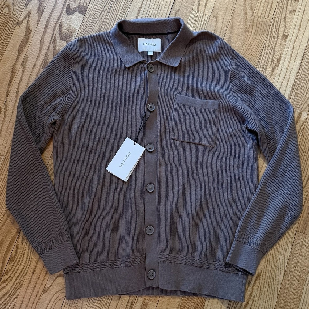Method Men's Polo Cardigan Sweater Large Cotton Button Front‎ Quiet Luxury $128